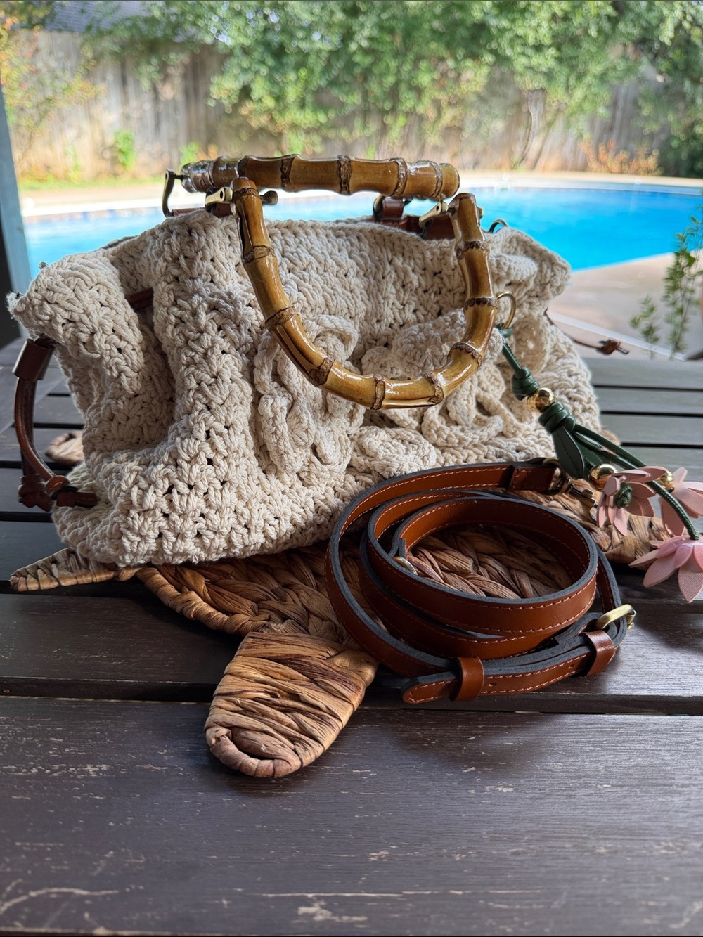 Patricia Nash Cantinella Crochet Floral Bamboo Handle Crossbody Bag Natural NWOT